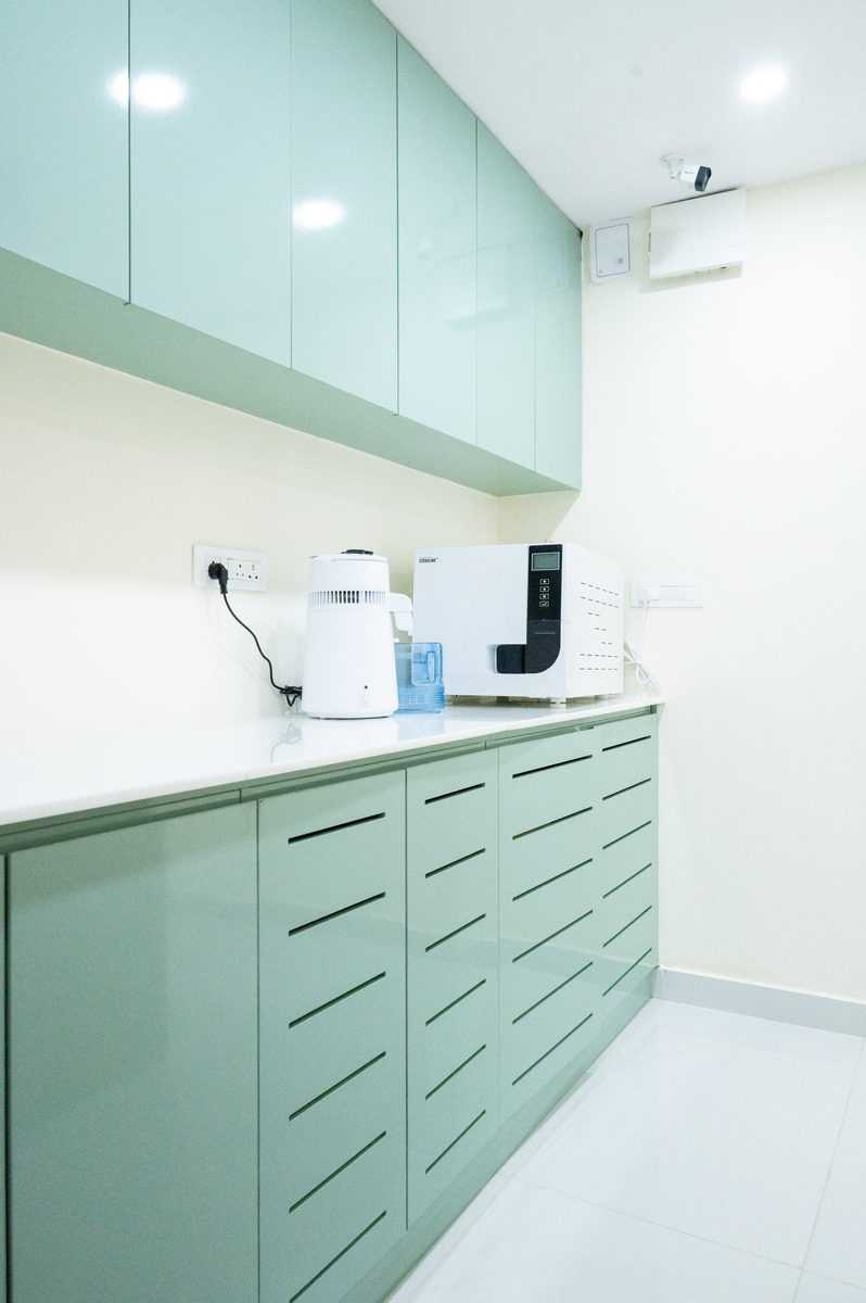 Dedicated sterilization area with autoclave and clean cabinetry at Rays Kids Dentistry, Sarjapur